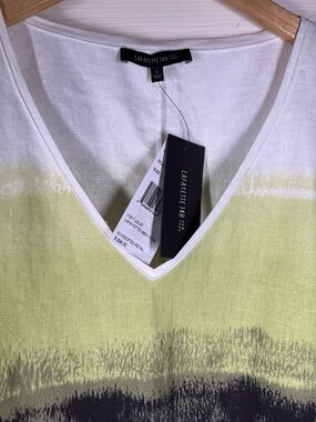 NWT Lafayette 148 Sz L Linen New York White and Light Green Short Sleeve V-Neck
